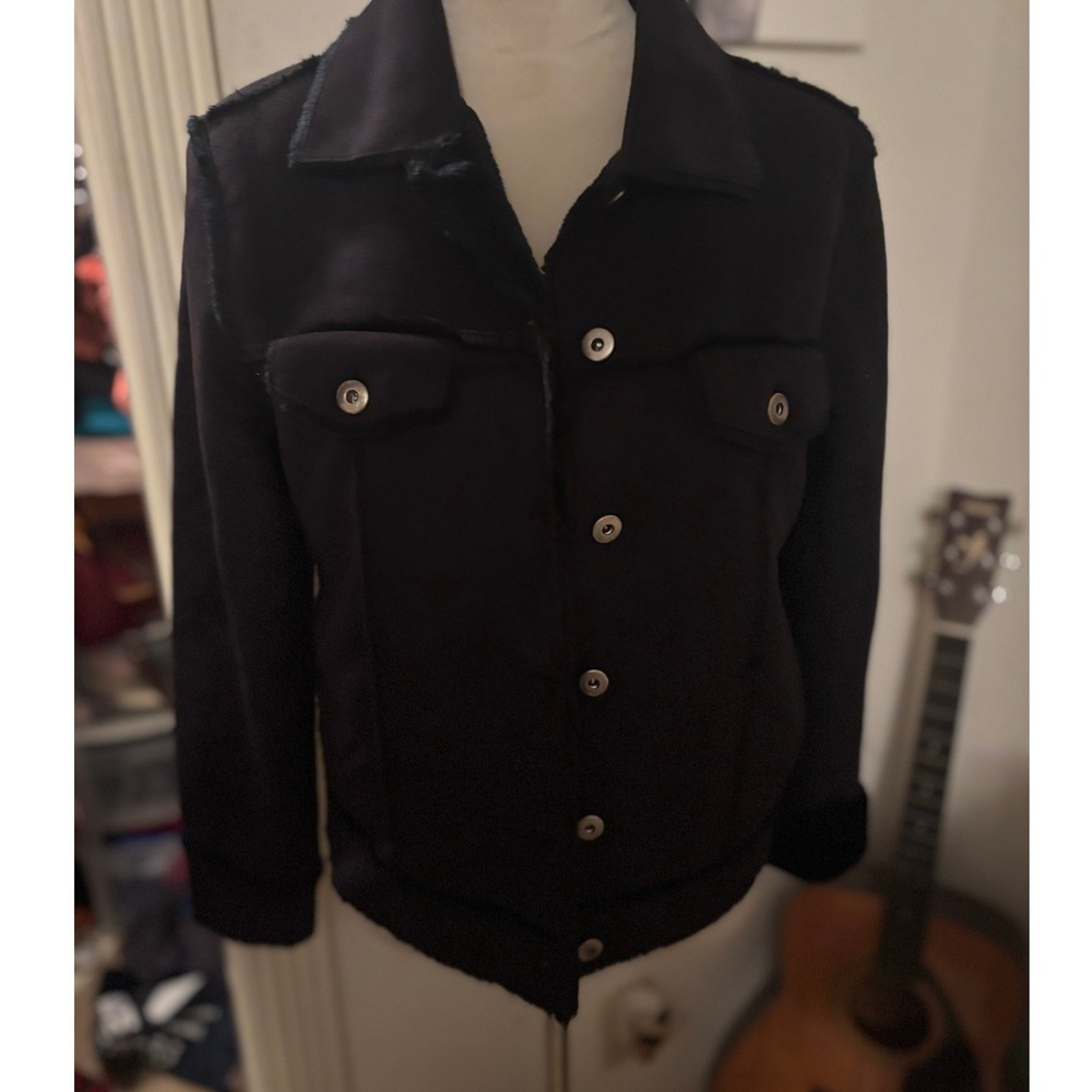 Real Clothes Black Faux Suede Fur Lined Trucker Jacket Raw Edge Size 4